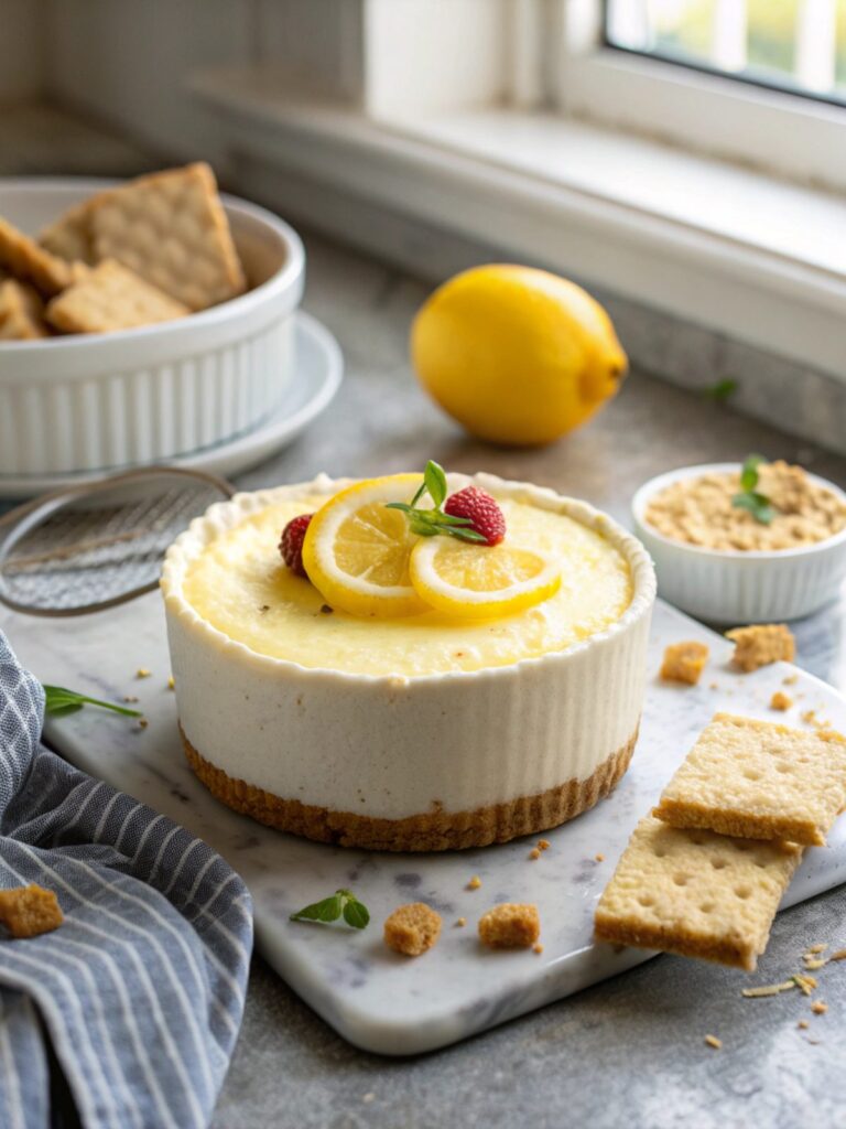 Freshly baked lemon ricotta protein cheesecake on a serving plate