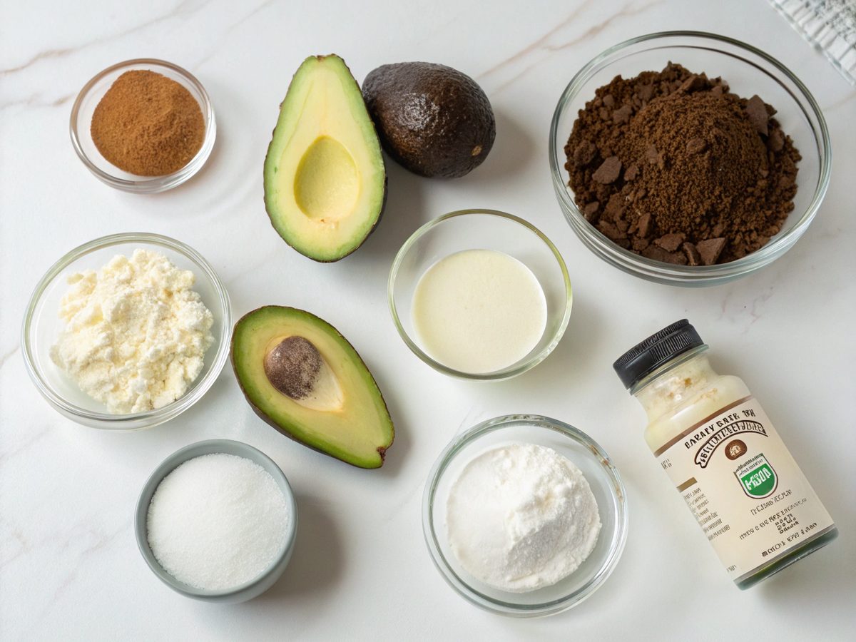 Array of ingredients for low carb avocado pudding