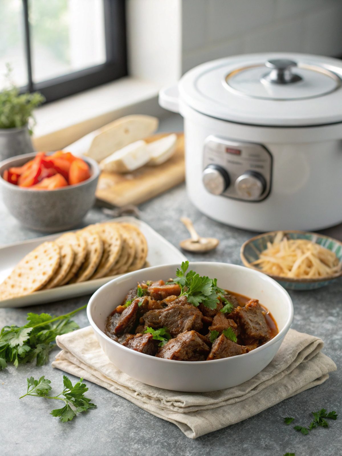 Savory low carb beef dish cooked in a pressure cooker