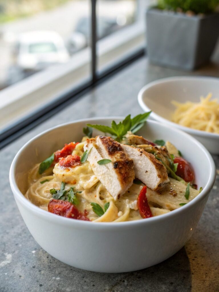 Hero image of a completed low carb chicken Alfredo dish