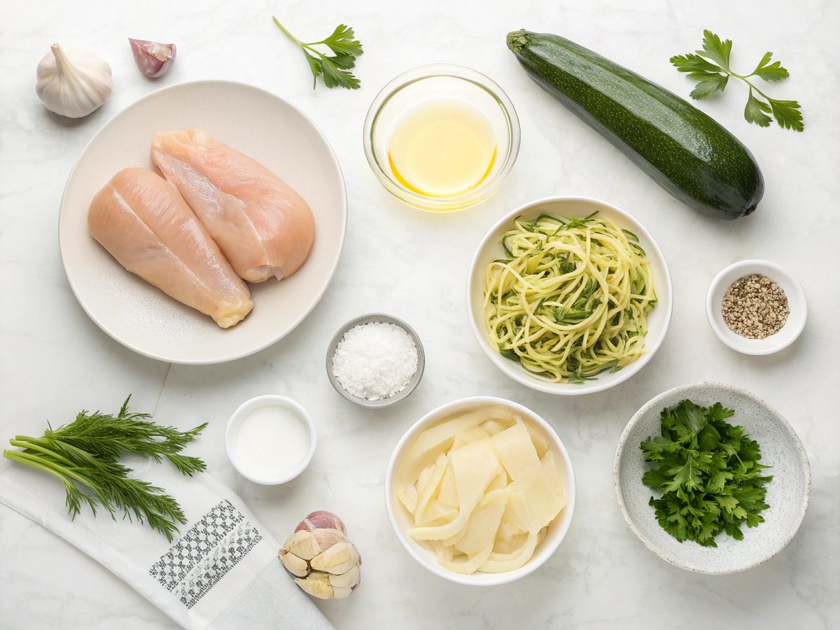 Flat lay of ingredients for low carb chicken Alfredo dish