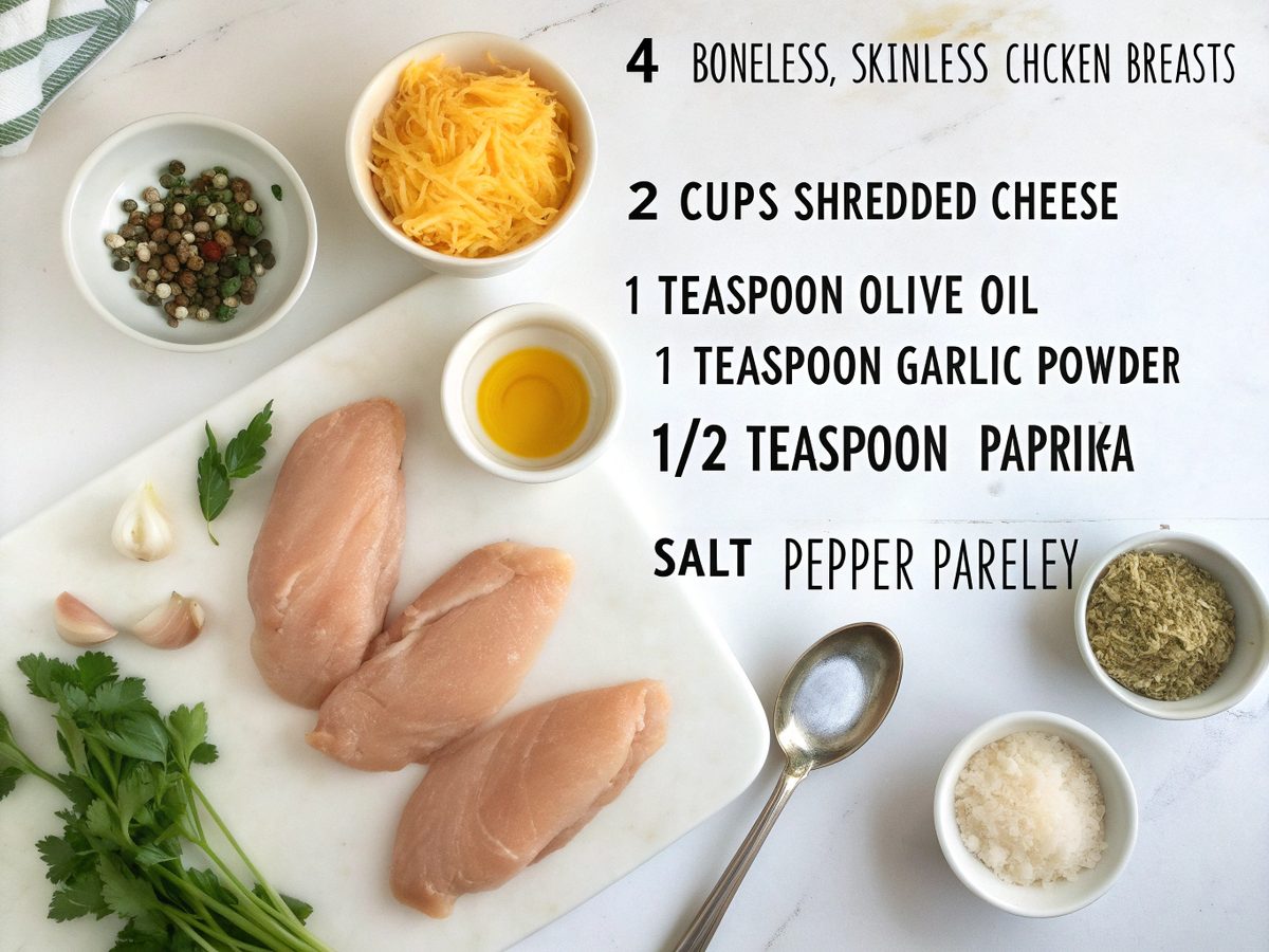Ingredients for a low carb chicken cheddar dish including chicken, cheddar, and spices.