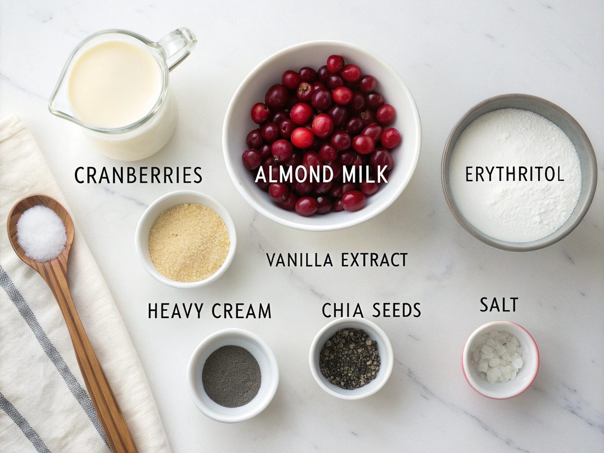 Ingredients for Low Carb Cranberries Pudding Treat laid out on a kitchen counter.