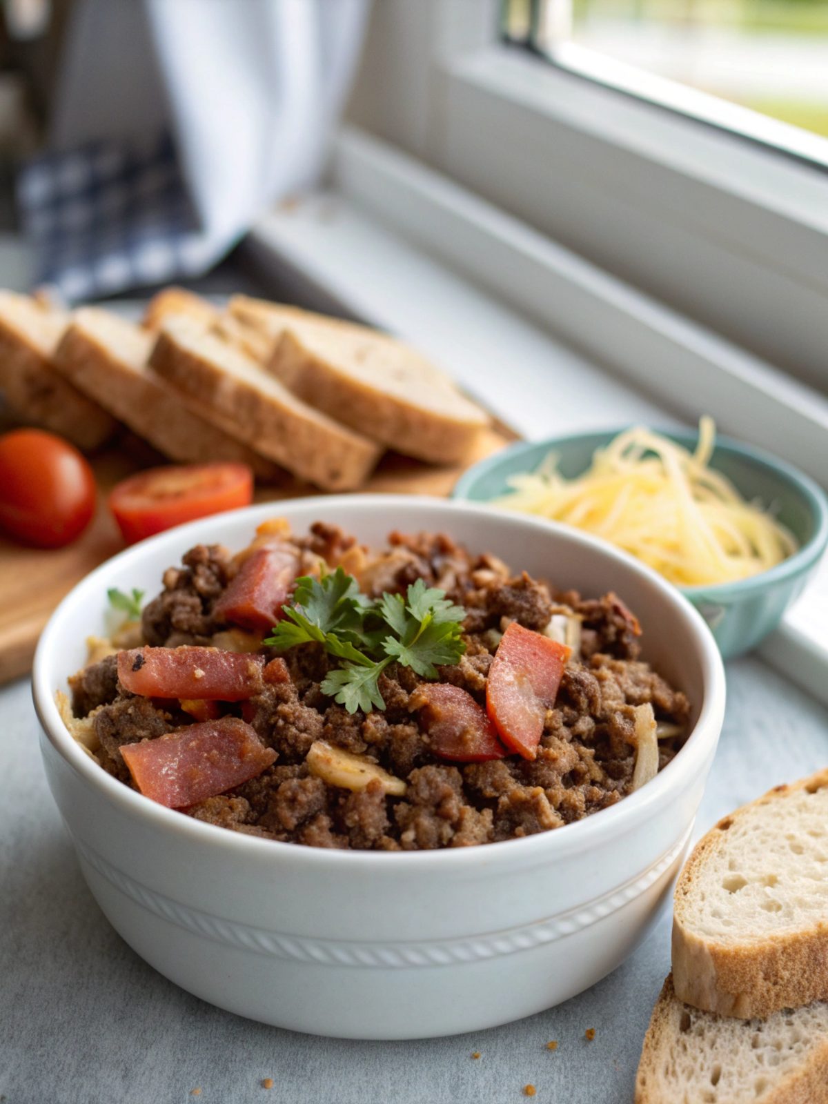 Low Carb Ground Beef Bacon Delight on a white plate with garnish