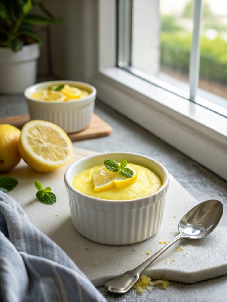 Low Carb Lemon Pudding Treat: Creamy dessert served elegantly.