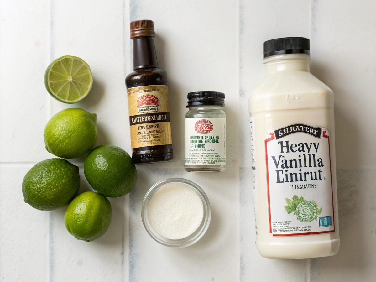 A flat lay of Low Carb Lime Pudding Treat ingredients: heavy cream, fresh limes, vanilla, erythritol.