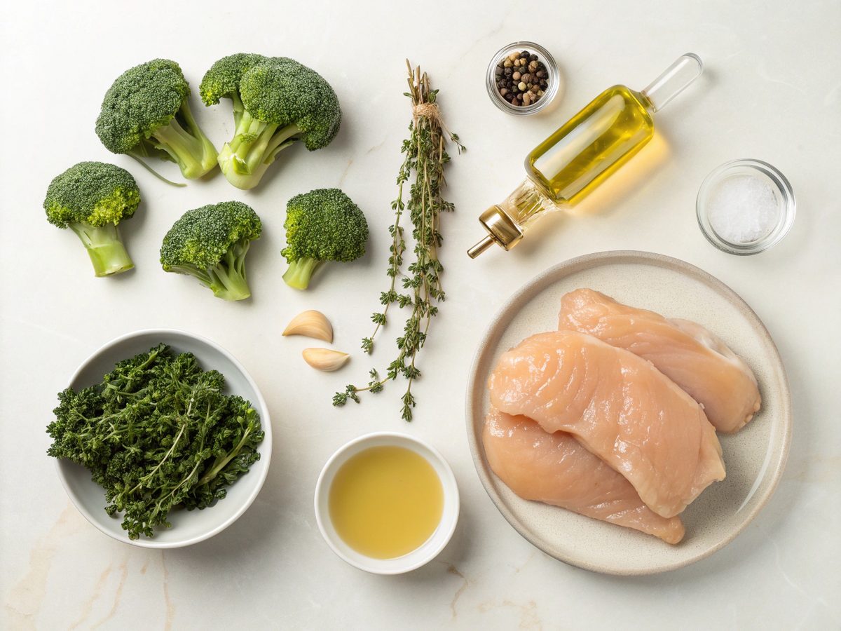 An assortment of ingredients for a low carb thyme pressure cooker meal.