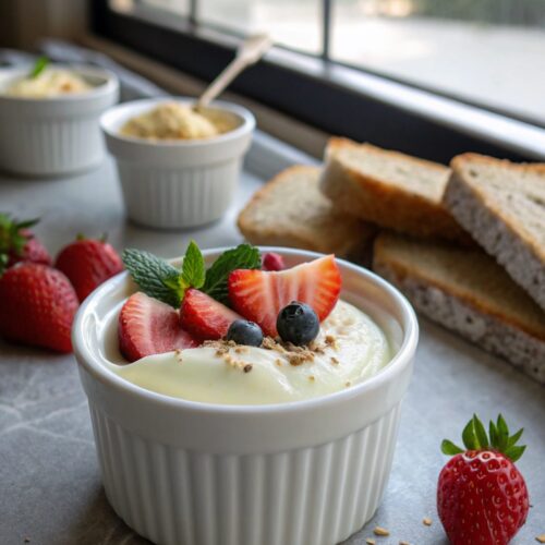 Featured image of decadent low carb yogurt pudding treat served in a white bowl.