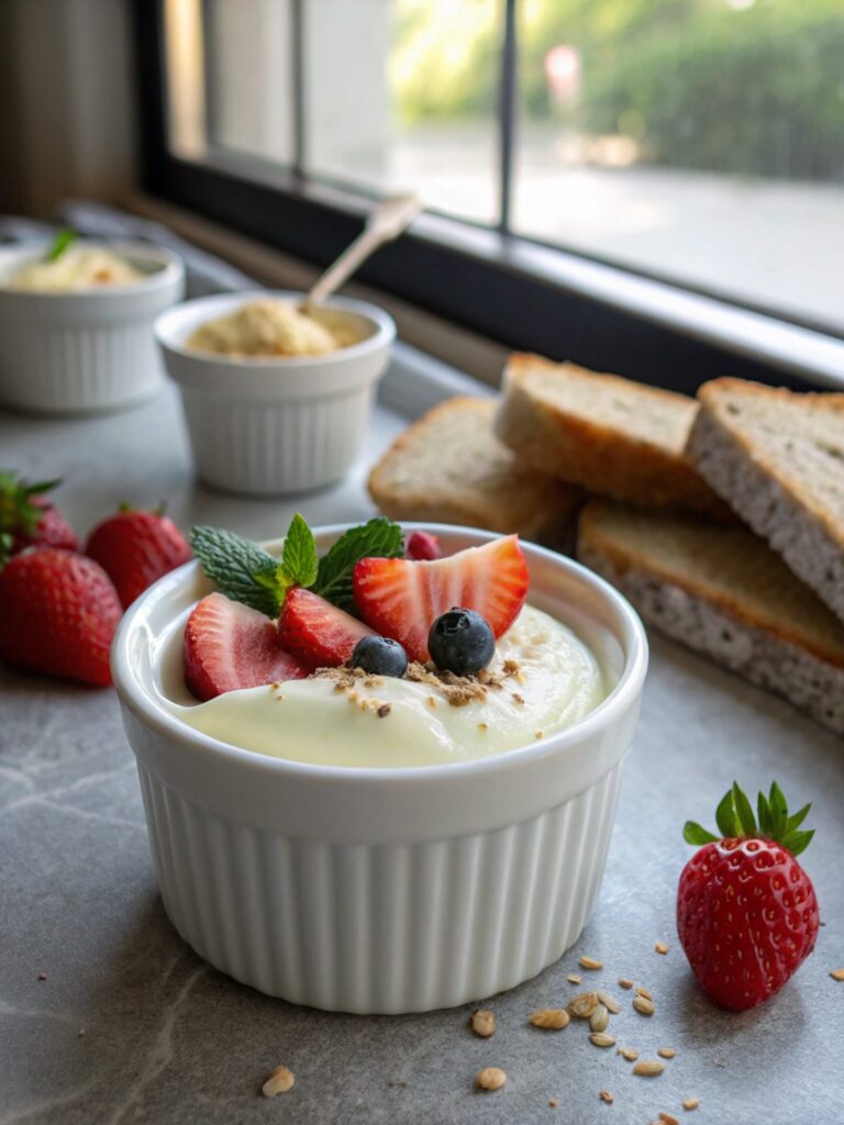 Featured image of decadent low carb yogurt pudding treat served in a white bowl.