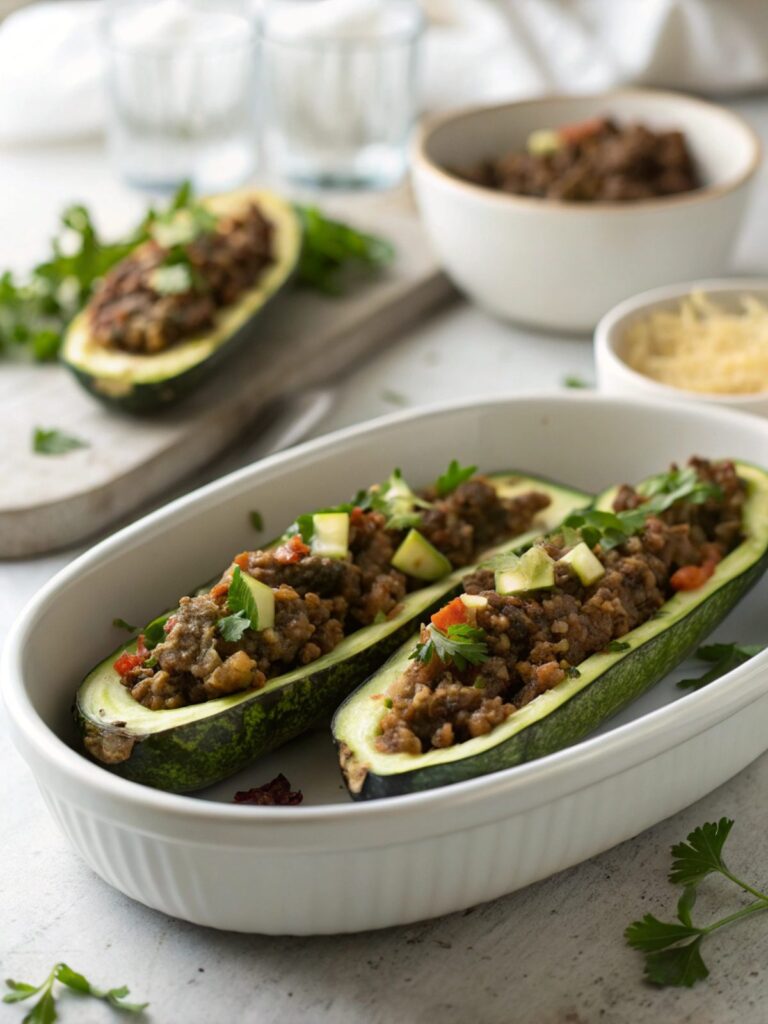 Featured Image showing onion stuffed beef zucchini boats served on a plate