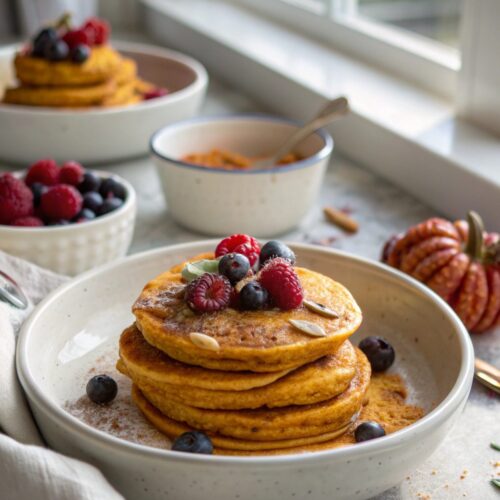 Freshly made pumpkin pancakes served deliciously.