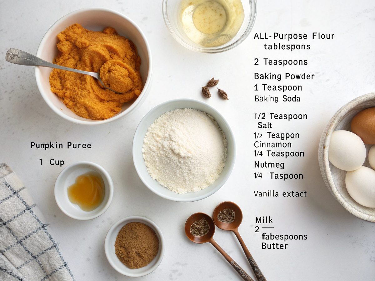 A flat lay of ingredients used in making pumpkin pancakes shot on a white kitchen counter.
