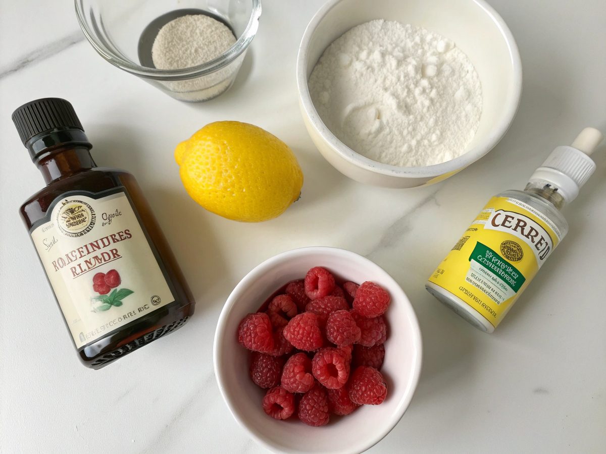 A visual of ingredients for raspberries keto mousse cup