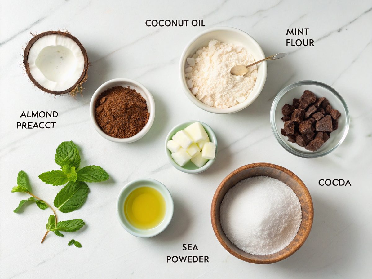 Ingredients for delicious baked keto mint fat bombs, including coconut oil, almond flour, mint extract, and cocoa powder.
