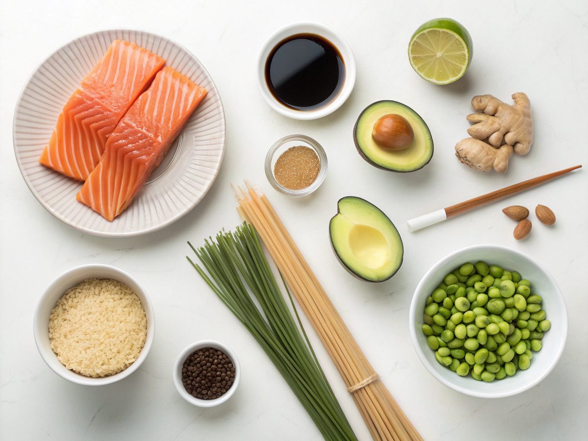 Ingredients for preparing Salmon Edamame Soba Bowl