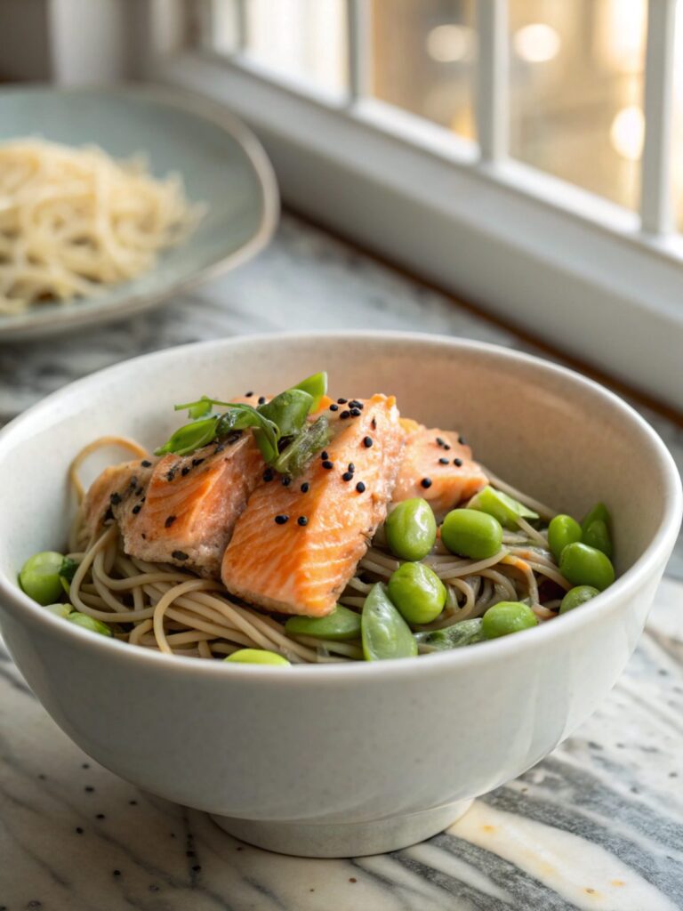 SEO-friendly alt text describing the featured image of Salmon Edamame Soba Bowl Recipe