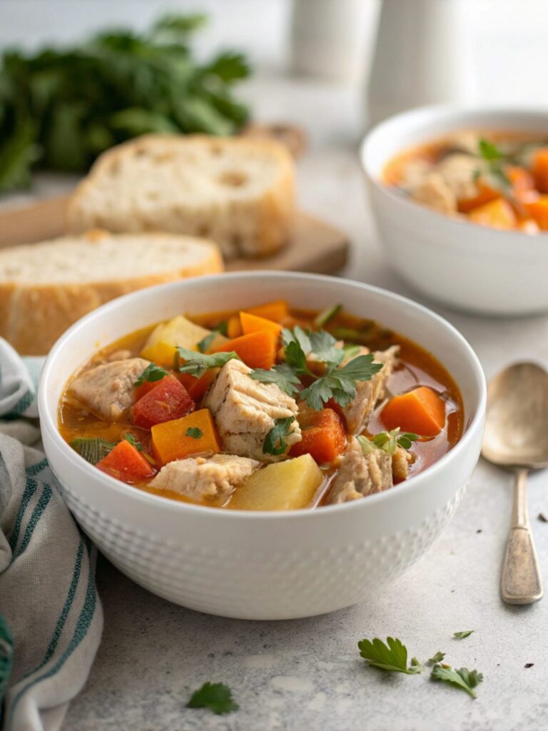 Delicious and warm keto instant pot turkey stew served in a bowl.