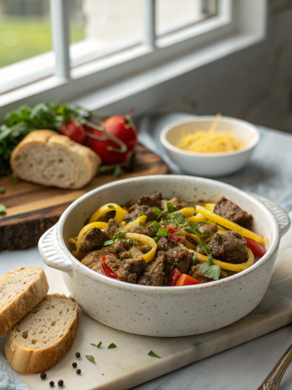 Savory Skillet Keto Beef and Mustard Recipe close-up with vibrant hues.