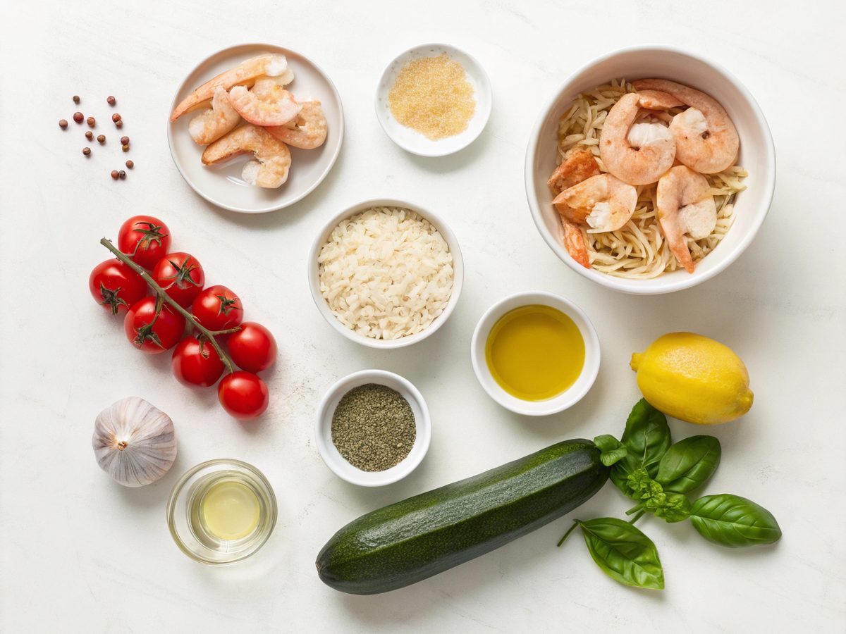 Ingredients for Shrimp Zucchini Tomato Orzo Skillet laid out neatly on a kitchen counter.