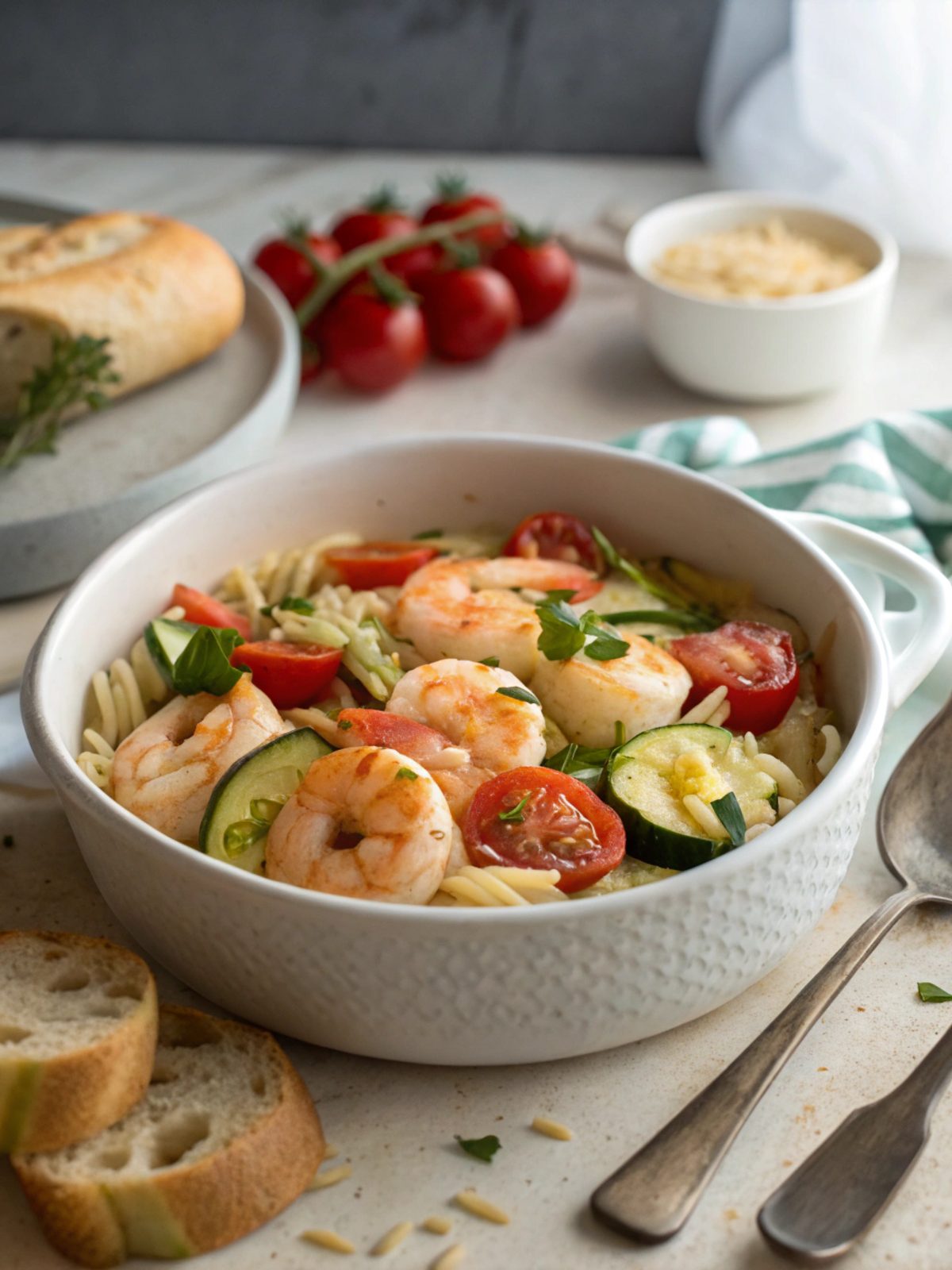 Close-up view of Shrimp Zucchini Tomato Orzo Skillet garnished with basil.