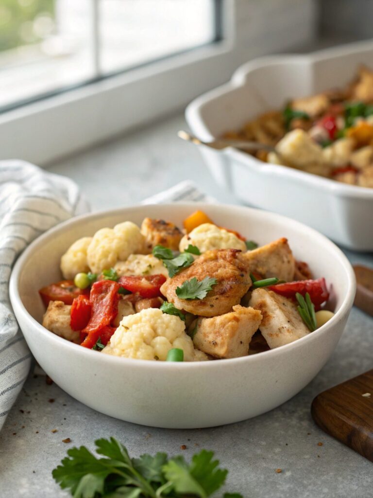 Savory skillet chicken and cauliflower served beautifully.