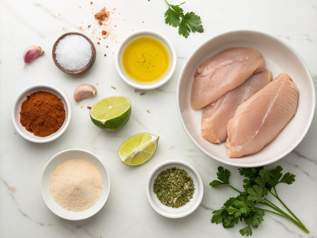 Visual depiction of ingredients for skillet chicken and cilantro recipe