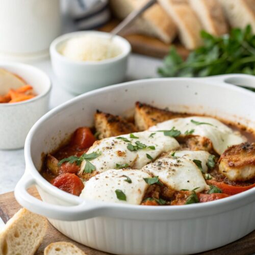 Delicious Skillet Chicken and Mozzarella Recipe served in a white ceramic bowl.