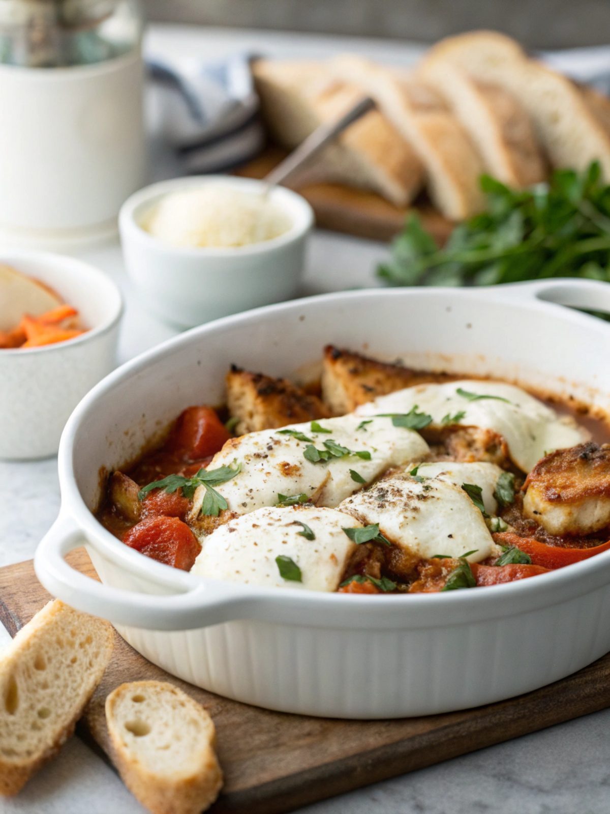 Delicious Skillet Chicken and Mozzarella Recipe served in a white ceramic bowl.