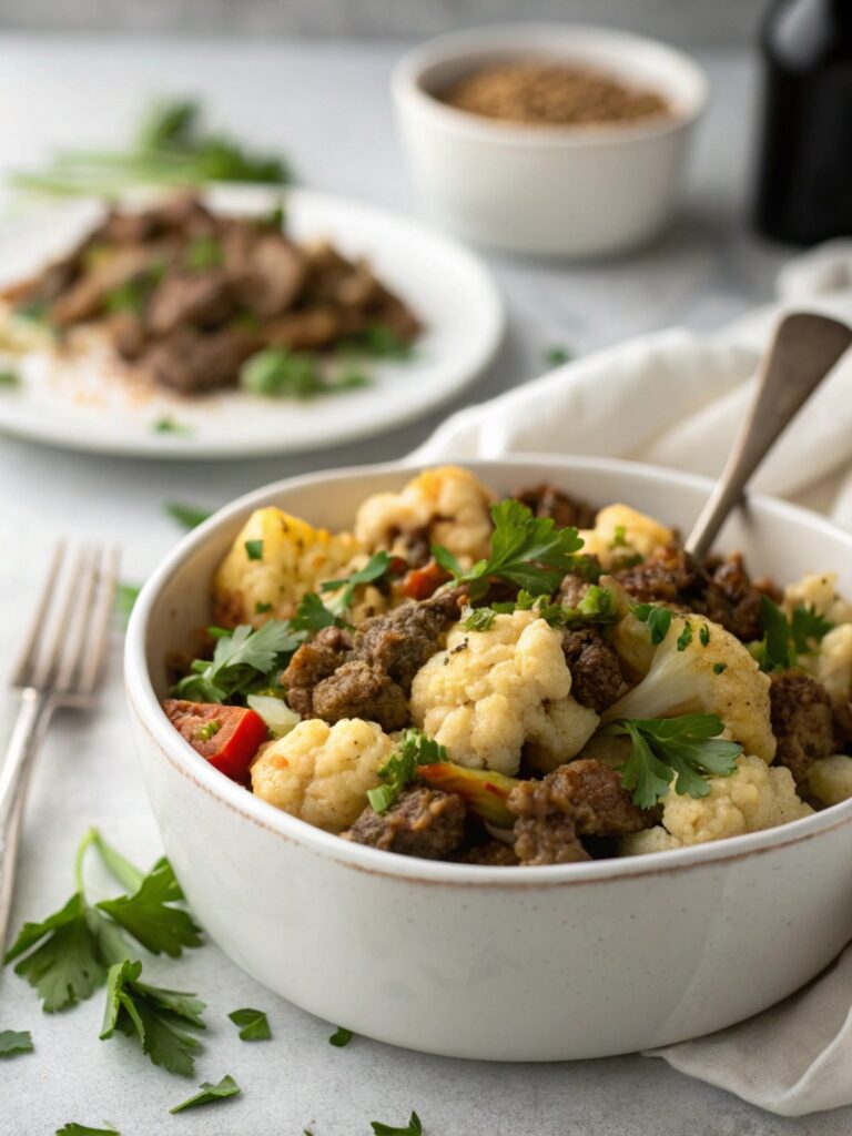 A delicious close-up of skillet keto beef and cauliflower, showing vibrant colors and fresh garnishes