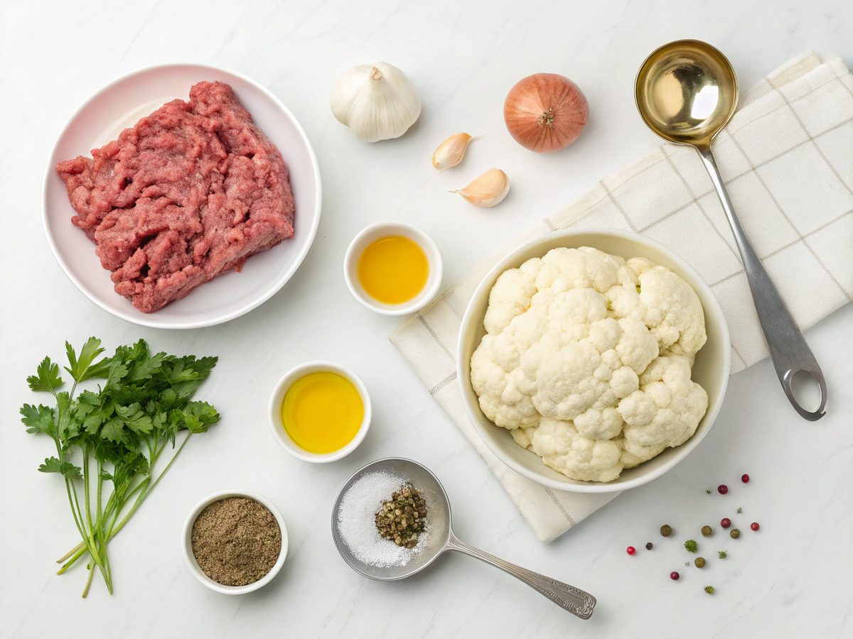 Skillet keto beef and cauliflower ingredients laid out