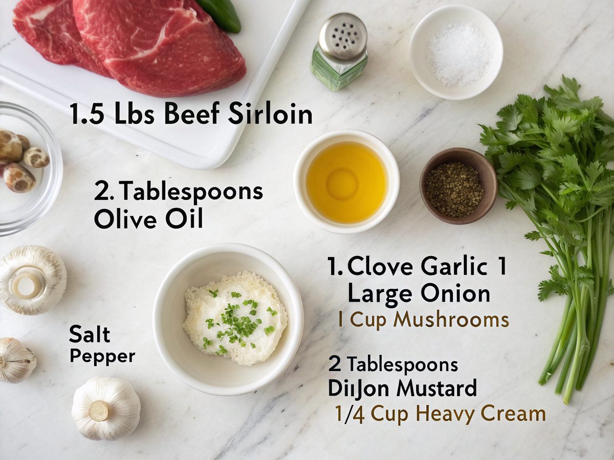 Visual display of ingredients for Skillet Keto Beef and Mustard, featuring beef, mustard, and more.