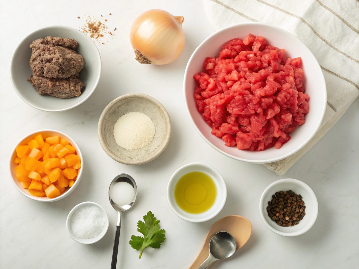 Illustration of ingredients for skillet keto beef and paprika, including beef, paprika, and fresh vegetables