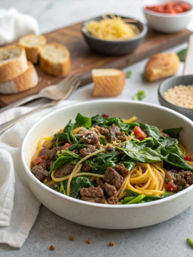 A close-up view of skillet keto beef and spinach, vibrant and ready to eat.