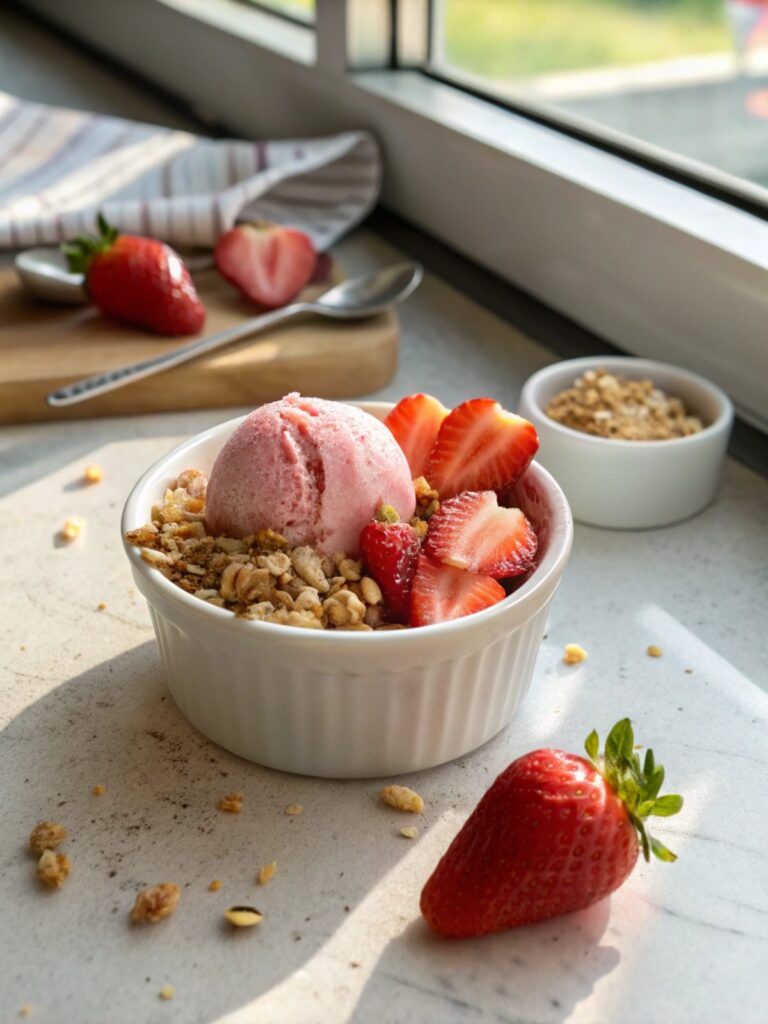 A vibrant dish featuring Strawberry Protein Ice Cream Bowls elegantly served