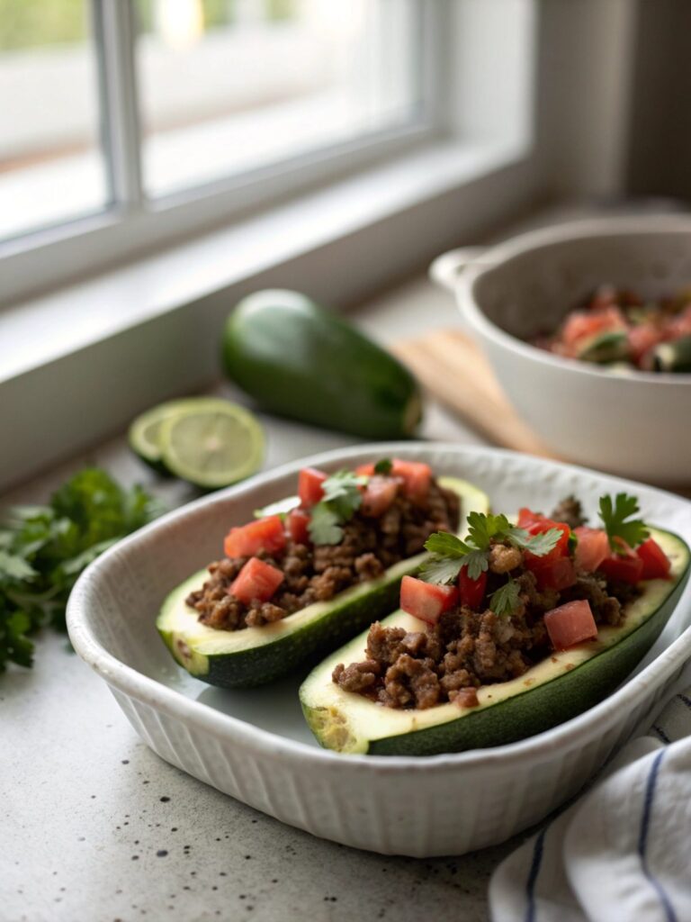 Close-up image of Taco Stuffed Beef Zucchini Boats, beautifully plated