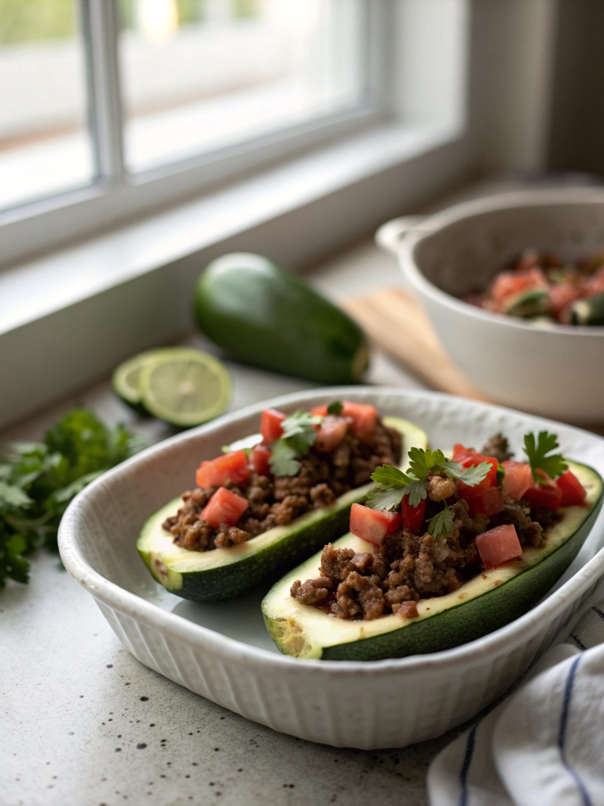 Close-up image of Taco Stuffed Beef Zucchini Boats, beautifully plated