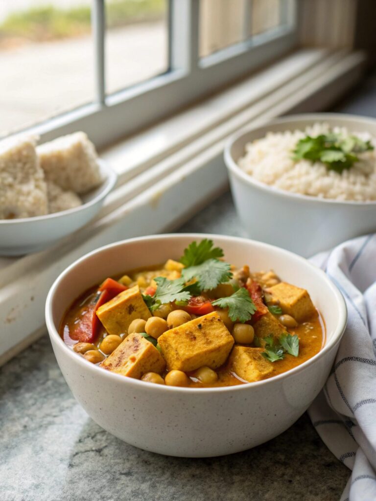 Tofu coconut curry with chickpeas served in a bowl.