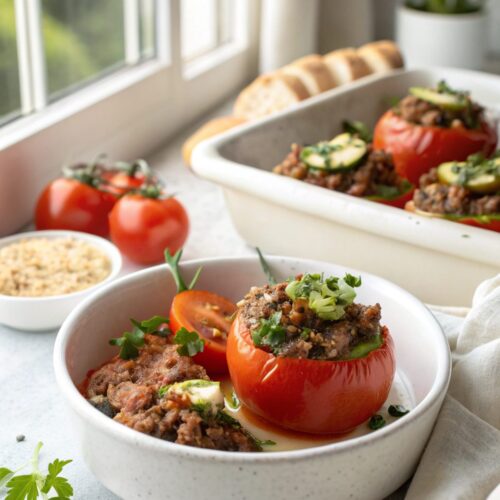 SEO-friendly alt text describing the featured image of tomatoes stuffed beef zucchini boats
