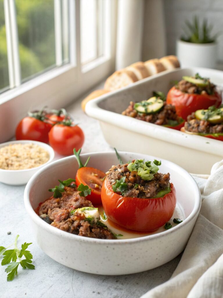 SEO-friendly alt text describing the featured image of tomatoes stuffed beef zucchini boats