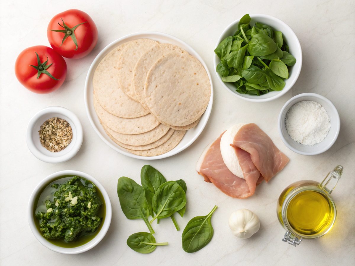 Flat lay ingredients for turkey pesto mozzarella wrap recipe