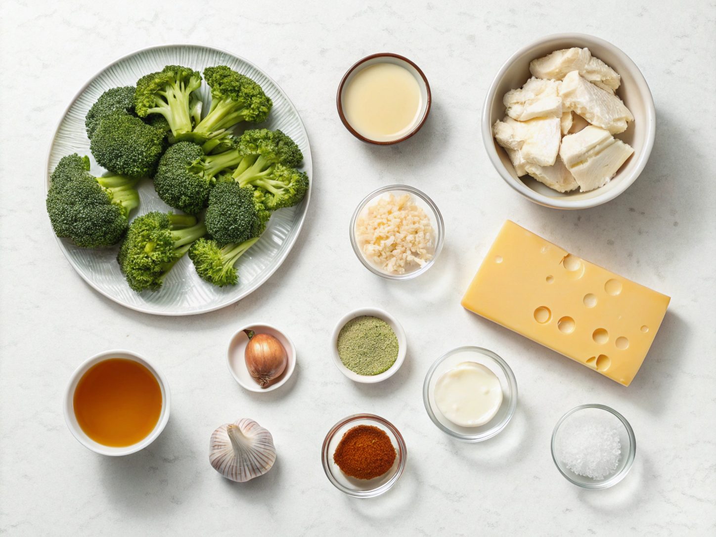 Flat lay of ingredients for making keto loaded broccoli cheddar soup