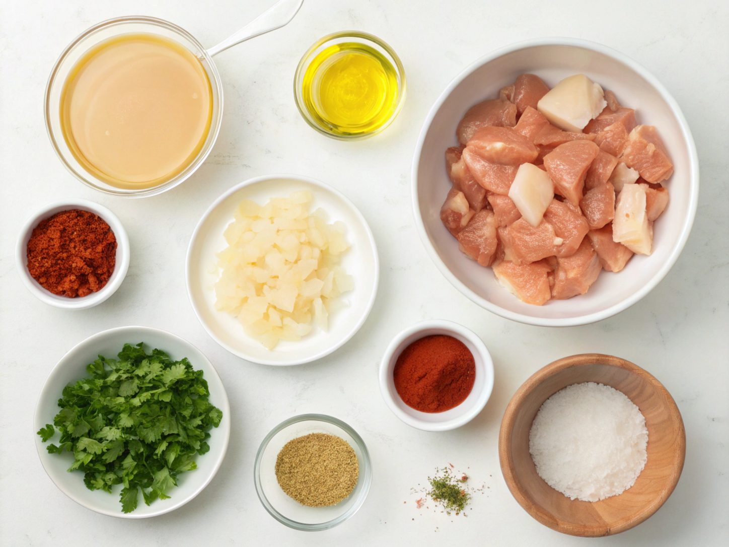 Flat lay of ingredients for making keto chicken enchilada soup no beans
