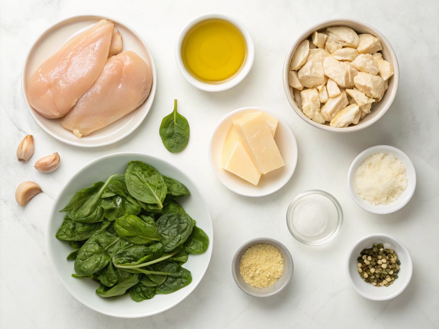 Flat lay of ingredients for keto creamy spinach artichoke chicken skillet