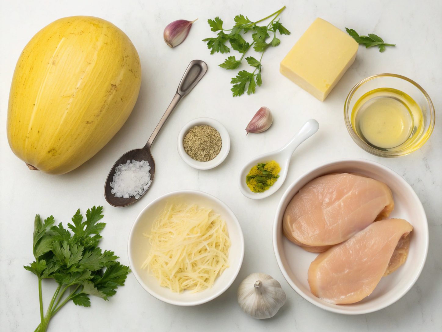 Ingredients for Keto Chicken Alfredo Spaghetti Squash Boats arranged neatly