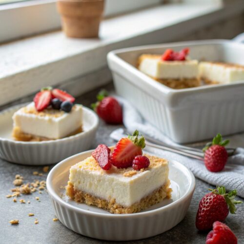 Close-up of Vanilla Cheesecake Greek Yogurt Bars with simple garnish