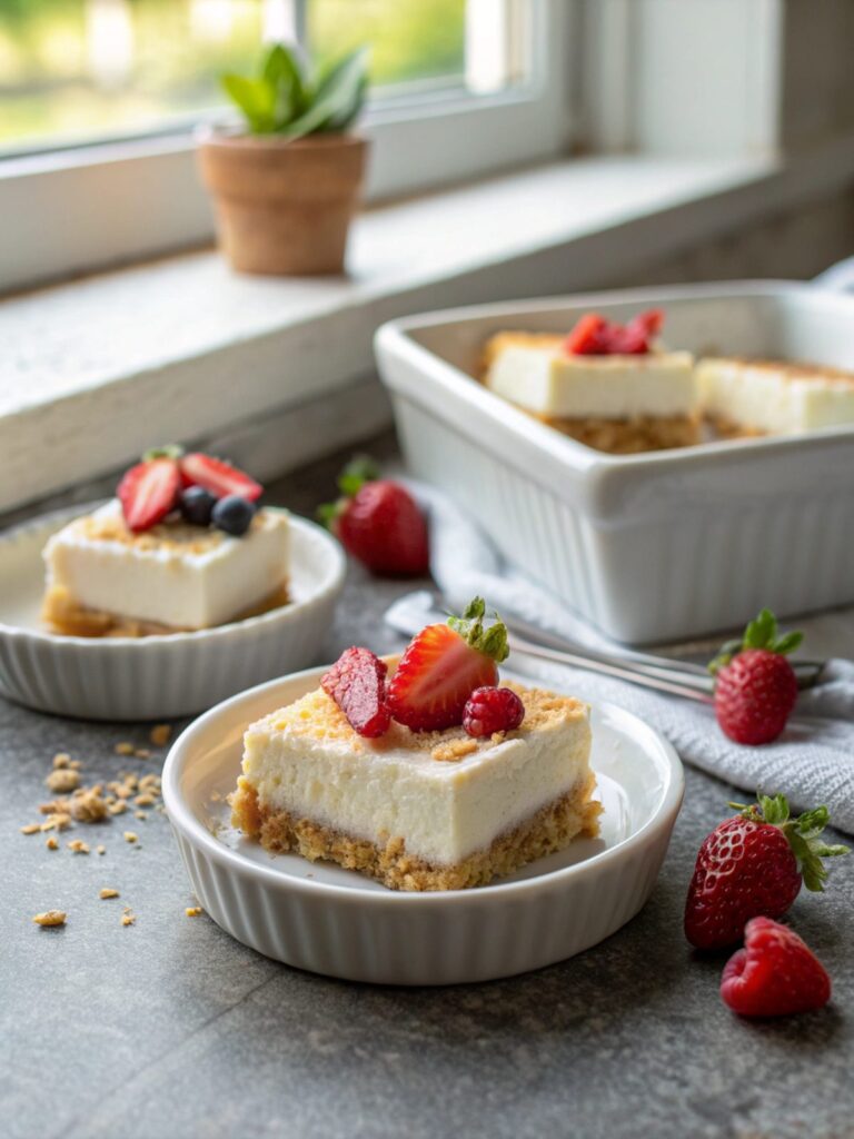 Close-up of Vanilla Cheesecake Greek Yogurt Bars with simple garnish