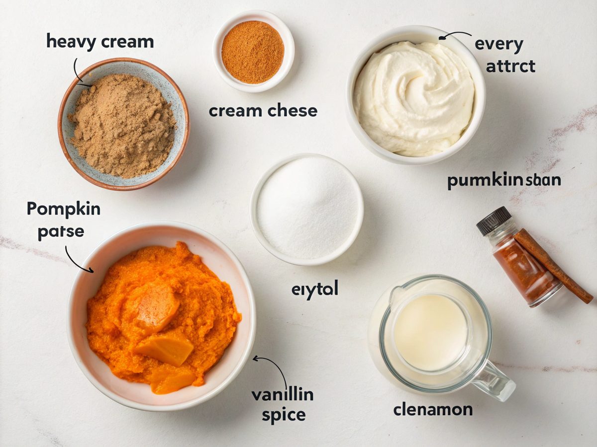 Flat lay of Keto Pumpkin Cheesecake Mousse Delight ingredients on a white kitchen counter.
