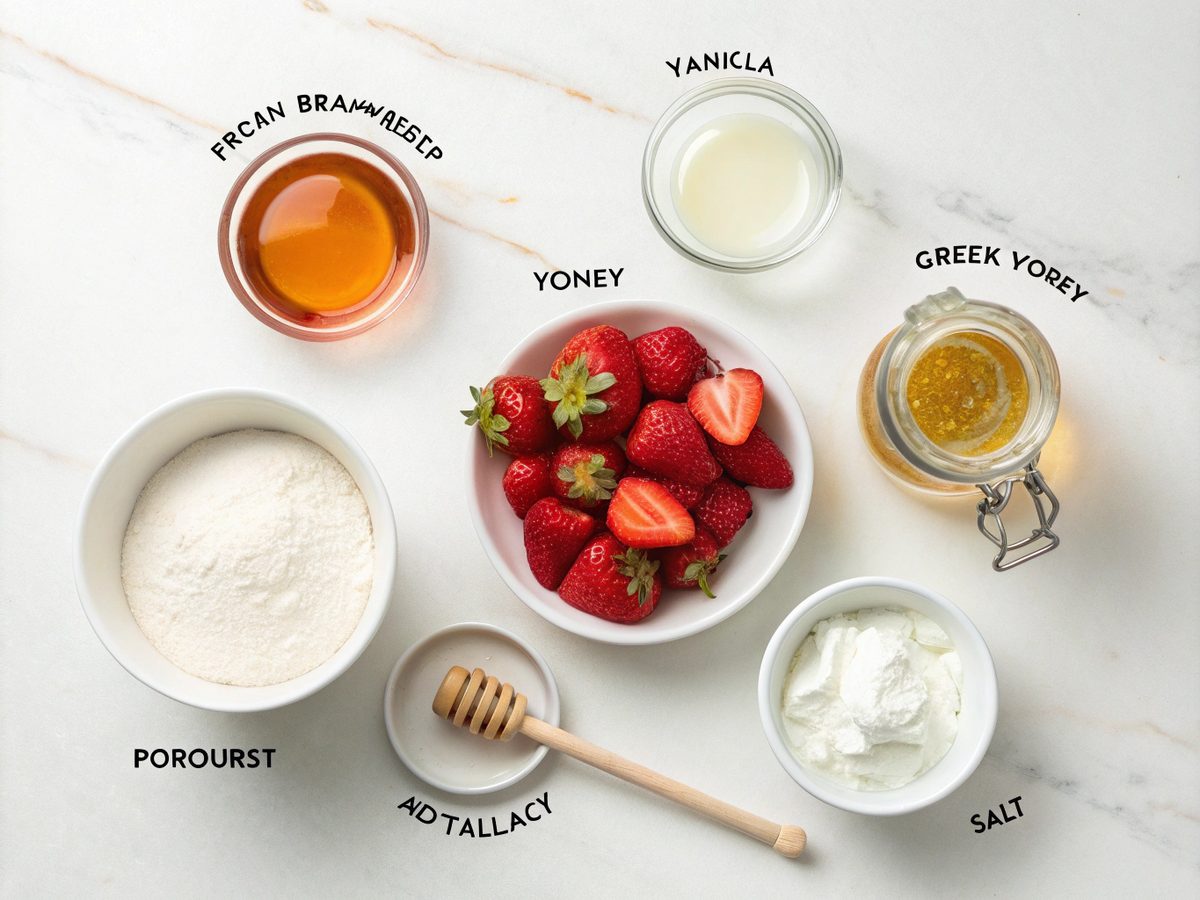 Ingredients for making Strawberry Protein Ice Cream Bowls including strawberries, yogurt, and protein powder