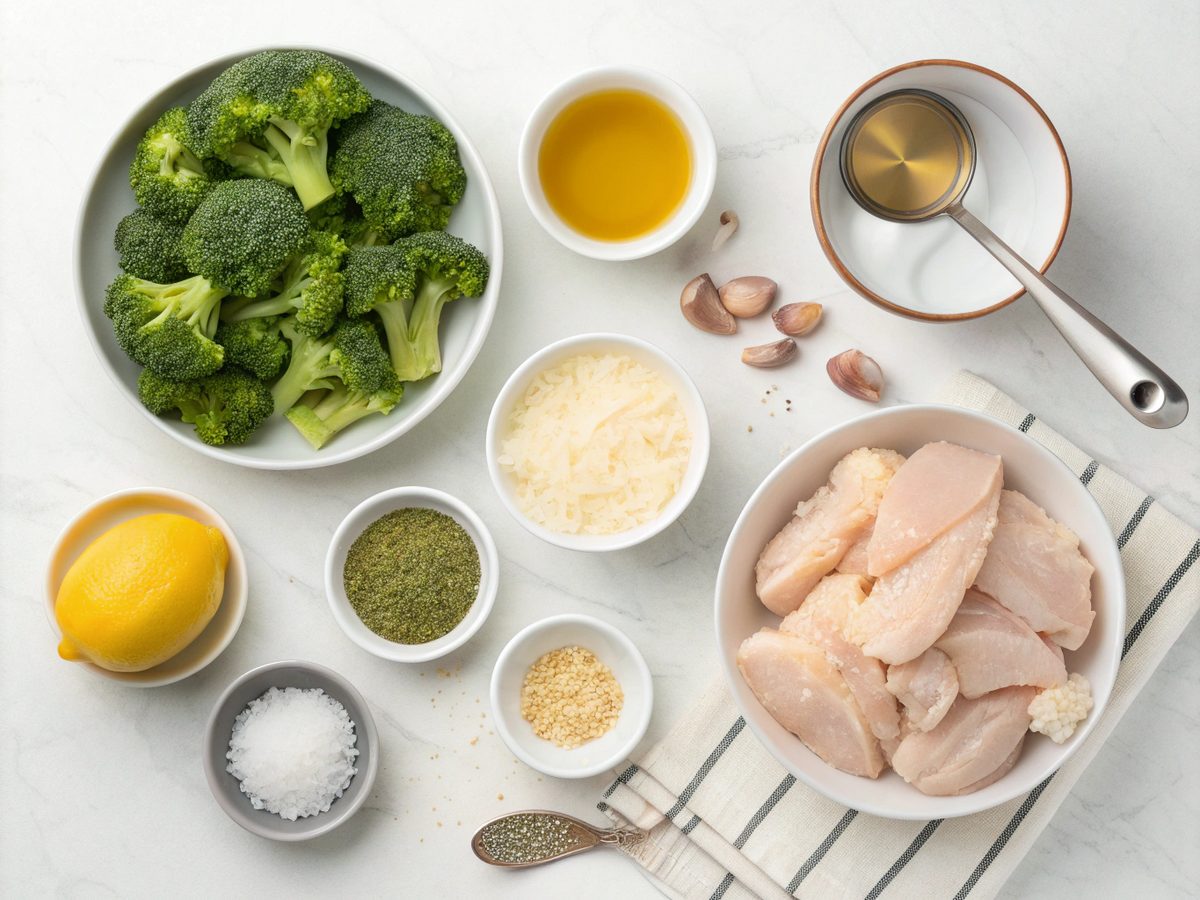 Flat lay of ingredients for low carb chicken broccoli dish