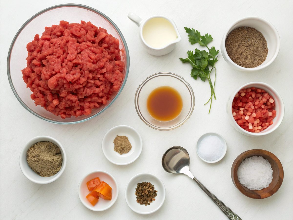 Ingredients for keto instant pot chili stew including beef, tomatoes, and spices.